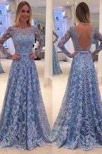 Custom Fit Scoop Long Sleeves Lace Prom Dresses Lace Sweep Train Backless