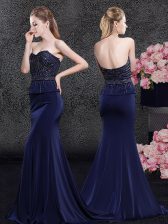 High End Mermaid Sleeveless Satin With Brush Train Zipper Prom Party Dress in Navy Blue with Beading