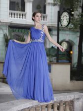  One Shoulder Hand Made Flower Prom Dress Blue Side Zipper Sleeveless Floor Length