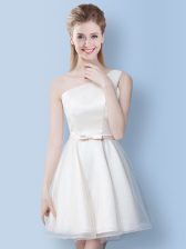  One Shoulder White Lace Up Quinceanera Dama Dress Bowknot Sleeveless Knee Length