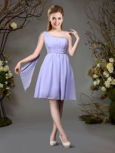 Captivating One Shoulder Lavender Empire Beading and Ruching Vestidos de Damas Zipper Chiffon Sleeveless Mini Length