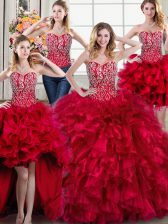 Discount Four Piece Lace Up Ball Gown Prom Dress Red for Military Ball and Sweet 16 and Quinceanera with Beading and Ruffles Brush Train