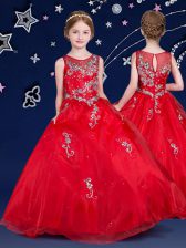 Scoop Sleeveless Floor Length Beading and Appliques Zipper Little Girls Pageant Dress Wholesale with Red