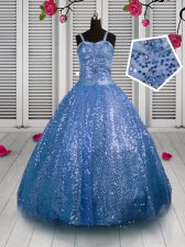  Baby Blue Ball Gowns Sequined Straps Sleeveless Sequins Floor Length Lace Up Kids Formal Wear