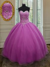  Organza Sweetheart Sleeveless Lace Up Beading and Belt Quinceanera Dress in Fuchsia