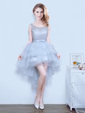 Modern Grey Damas Dress Prom and Party and Wedding Party with Lace and Ruffled Layers and Bowknot Scoop Sleeveless Lace Up