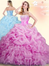 Romantic Lilac Ball Gowns Organza Sweetheart Sleeveless Beading and Ruffles and Pick Ups With Train Lace Up Sweet 16 Dresses Brush Train