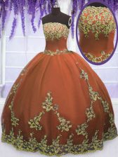 Enchanting Rust Red Ball Gowns Appliques Ball Gown Prom Dress Zipper Tulle Sleeveless Floor Length