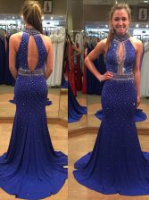 Beauteous Mermaid Sequins With Train Royal Blue Prom Dresses High-neck Sleeveless Court Train Backless