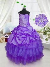 Adorable Sleeveless Lace Up Floor Length Beading and Ruffled Layers and Pick Ups Little Girl Pageant Gowns