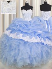  Light Blue Organza Lace Up Quince Ball Gowns Sleeveless Floor Length Beading and Appliques and Ruffled Layers