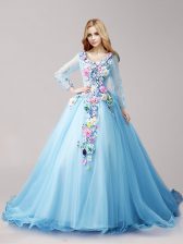 Excellent V-neck Long Sleeves Quinceanera Gown Brush Train Hand Made Flower Baby Blue Tulle