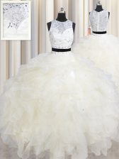  Scoop Beading and Ruffles Quinceanera Gown Champagne Lace Up Sleeveless Floor Length