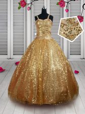 Hot Selling Gold Ball Gowns Tulle Straps Sleeveless Beading and Sequins Floor Length Lace Up Pageant Gowns For Girls