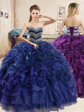 Beautiful Floor Length Navy Blue 15th Birthday Dress Organza Sleeveless Beading and Ruffles