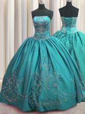On Sale Embroidery Floor Length Ball Gowns Sleeveless Teal Quinceanera Gown Lace Up