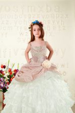  Peach Lace Up Straps Beading and Ruffled Layers and Hand Made Flower Little Girl Pageant Dress Organza Sleeveless