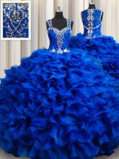 Decent Royal Blue Ball Gowns Organza Straps Sleeveless Beading and Appliques and Ruffles Floor Length Lace Up Sweet 16 Dress
