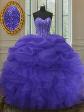 Free and Easy Purple 15th Birthday Dress Military Ball and Sweet 16 and Quinceanera with Beading and Ruffles and Pick Ups Sweetheart Sleeveless Lace Up