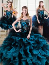 Decent Four Piece Black and Blue Ball Gowns Sweetheart Sleeveless Organza and Tulle Floor Length Lace Up Beading and Ruffles and Hand Made Flower 15 Quinceanera Dress