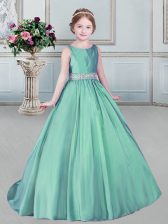 Low Price Scoop With Train Lace Up Little Girls Pageant Gowns Apple Green for Quinceanera and Wedding Party with Beading Brush Train