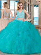 Adorable Tulle Sleeveless Floor Length 15th Birthday Dress and Beading and Ruffles