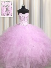 Eye-catching Visible Boning Tulle Sleeveless Floor Length Sweet 16 Dresses and Beading and Appliques and Ruffles