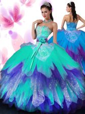  Tulle Sleeveless Floor Length Sweet 16 Quinceanera Dress and Appliques and Ruffled Layers and Hand Made Flower