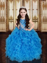  Baby Blue Ball Gowns Tulle Straps Sleeveless Beading and Ruffles and Sequins Floor Length Lace Up Pageant Gowns For Girls