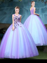  V-neck Sleeveless Sweet 16 Dress Floor Length Appliques Blue and Lilac Tulle