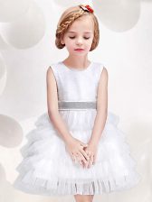  Scoop Tulle Sleeveless Mini Length Flower Girl Dresses and Ruffled Layers and Sequins and Bowknot
