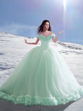 On Sale Off The Shoulder Sleeveless Court Train Lace Up Quinceanera Dress Apple Green Tulle