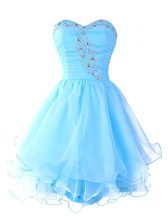 Shining Sweetheart Sleeveless Homecoming Dress Mini Length Beading and Ruffled Layers Aqua Blue Organza