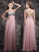 Deluxe Chiffon V-neck Sleeveless Zipper Beading and Sequins Prom Party Dress in Baby Pink