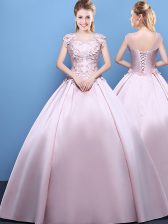  Scoop Floor Length Pink Quince Ball Gowns Satin Cap Sleeves Appliques