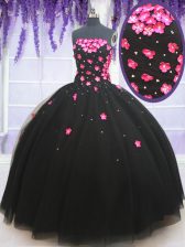  Strapless Sleeveless 15 Quinceanera Dress Floor Length Beading and Appliques Black Tulle