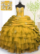  Gold Sleeveless With Train Beading and Appliques and Ruffled Layers and Pick Ups Lace Up Ball Gown Prom Dress