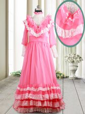 Glamorous Ruffled Brush Train Empire Prom Dresses Pink V-neck Chiffon Long Sleeves Zipper