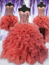  Four Piece Floor Length Coral Red Sweet 16 Dress Organza Sleeveless Beading and Ruffles