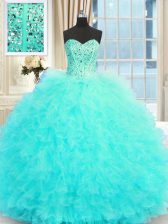 Clearance Aqua Blue Sleeveless Tulle Lace Up Ball Gown Prom Dress for Military Ball and Sweet 16 and Quinceanera
