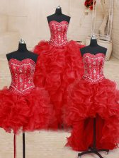  Four Piece Sweetheart Sleeveless Lace Up Sweet 16 Dress Red Organza