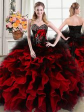 High End Black and Red Sweetheart Neckline Beading and Ruffles and Hand Made Flower 15th Birthday Dress Sleeveless Lace Up