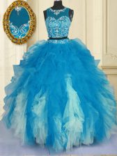 Best Selling Blue And White Scoop Zipper Beading and Ruffles Quince Ball Gowns Sleeveless