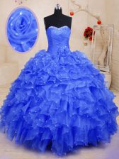  Blue Sleeveless Floor Length Beading and Ruffles and Hand Made Flower Lace Up Sweet 16 Dresses