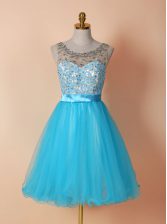 Stylish Scoop Blue A-line Beading and Lace Prom Party Dress Zipper Tulle Sleeveless Knee Length