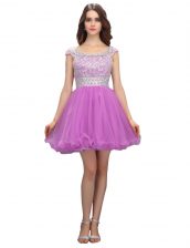 Best Lilac A-line Organza Square Cap Sleeves Beading Mini Length Zipper Prom Party Dress