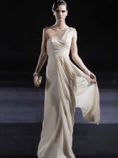 Modest One Shoulder Sleeveless Floor Length Ruching Criss Cross Prom Gown with Champagne