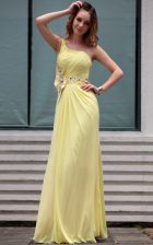 Inexpensive One Shoulder Light Yellow Side Zipper Prom Gown Beading Sleeveless Floor Length