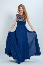 Inexpensive Scoop Floor Length Zipper Prom Party Dress Navy Blue for Prom and Party with Beading