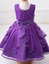  Scoop Sleeveless Floor Length Beading and Ruffles and Bowknot Zipper Flower Girl Dress with Eggplant Purple